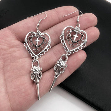 Gothic Heart Cross Bird Skull Earrings - New Jewellery Design Dark Art Goth Aesthetic Dangle Earrings - The Jewellery Supermarket